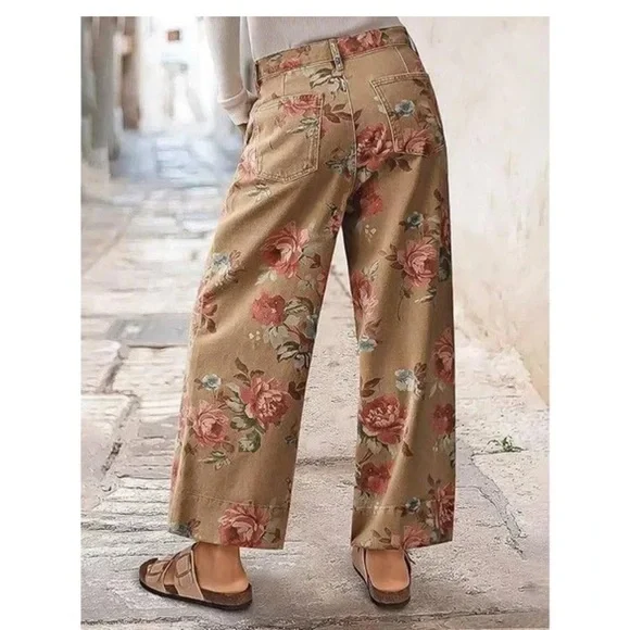 Flamingals Women's Floral Print Wide Leg Cropped Pants Mid Rise Boho Ankle - Picture 3 of 6